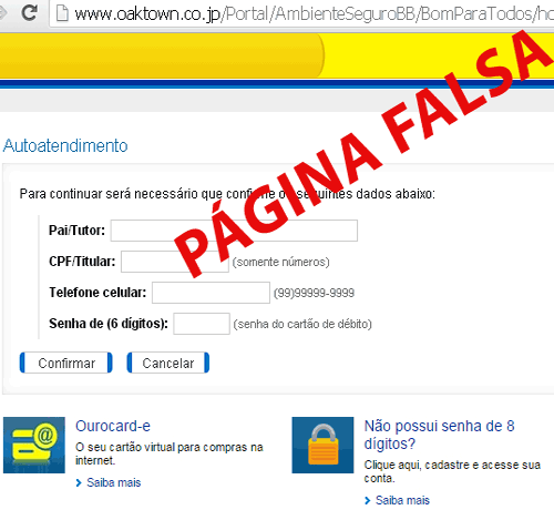 Página falsa do Banco do Brasil