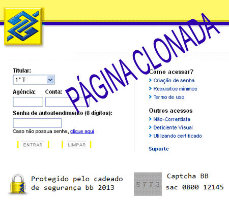 Falsa página do Banco do Brasil.