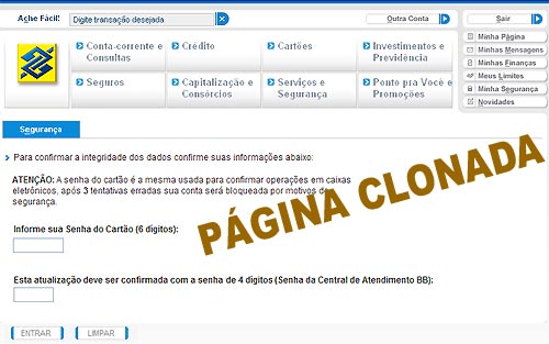 Página clonada do banco do brasil