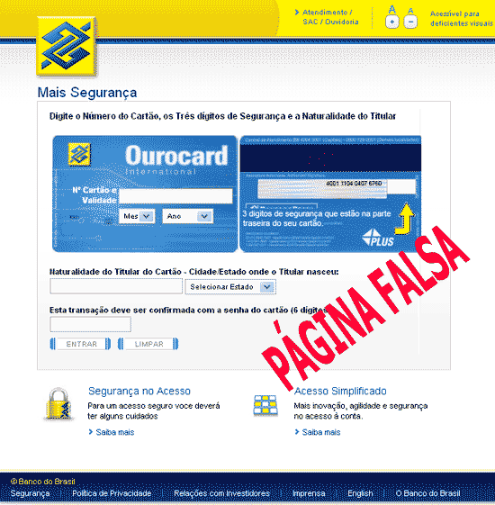 Falsa página do BB