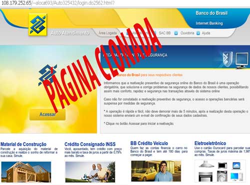 Página clonada do Banco do Brasil.