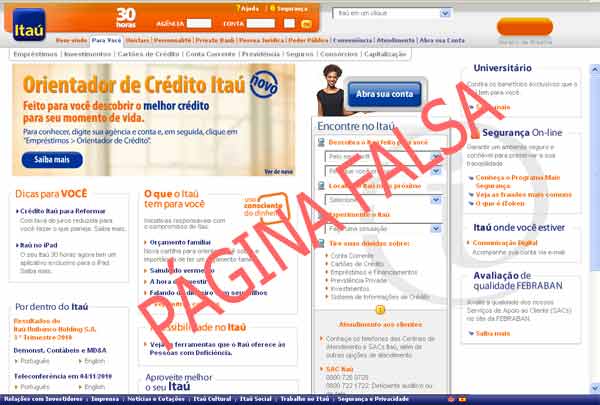 Página clonada do Banci Itaú