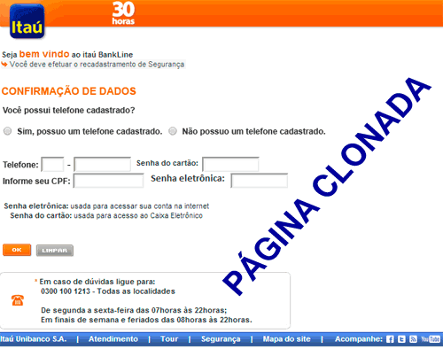 Página clonada do Banco Itaú rouba dados do cliente
