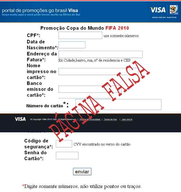 Falsa página do cartão de crédito