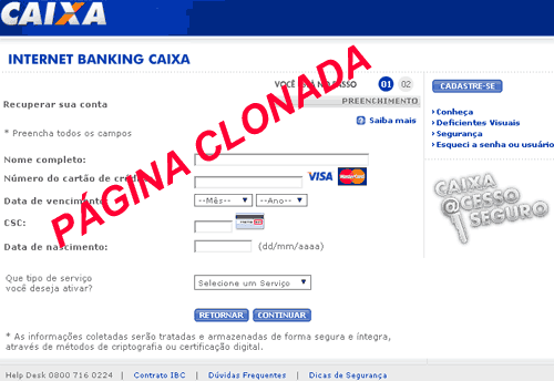 Internet Banking Caixa - página clonada