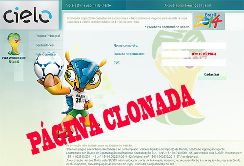 Página clonada Cielo na Copa 2014 Página falsa Cielo na Copa 2014