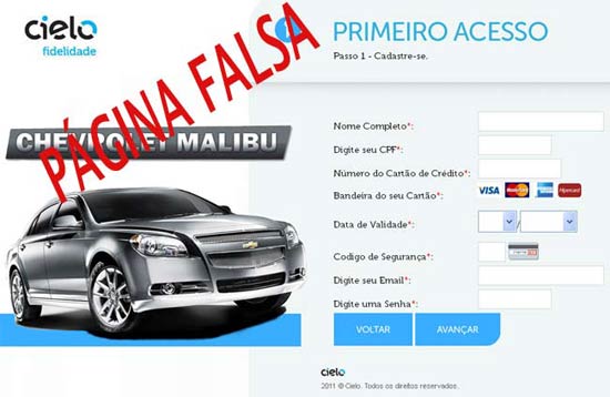 Página falsa do Programa Cielo Fidelidade