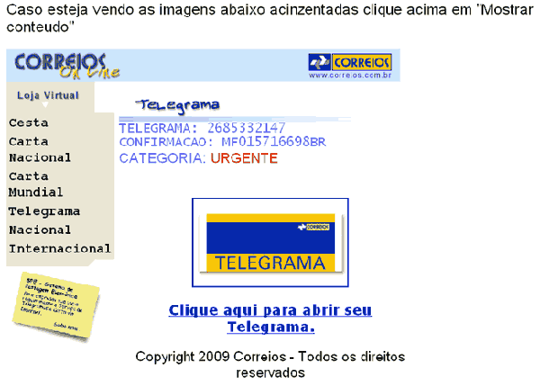 Falsa mensagem dos correios.