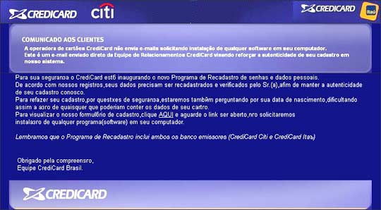 Falsa mensagem do Crdicar, Itaú e Citibank
