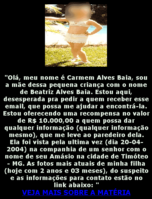Falsas fotos de criança desparecida instalam trojan Infostealer.