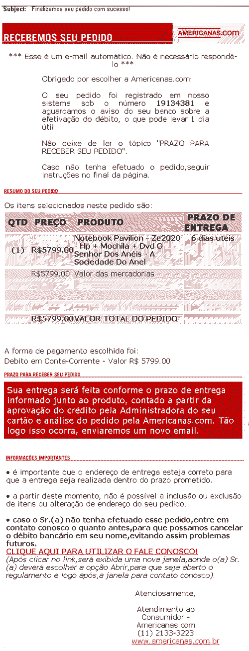 Falsa mensagem das Lojas Americanas