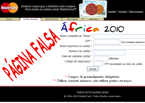Página falsa da Mastercard