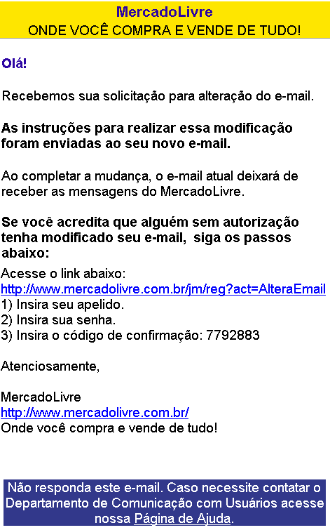 Falsa mensagem do Mercado Livre