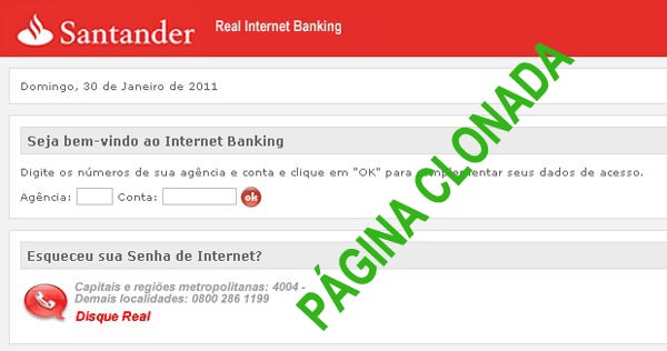 Página clonada do Banco Santander