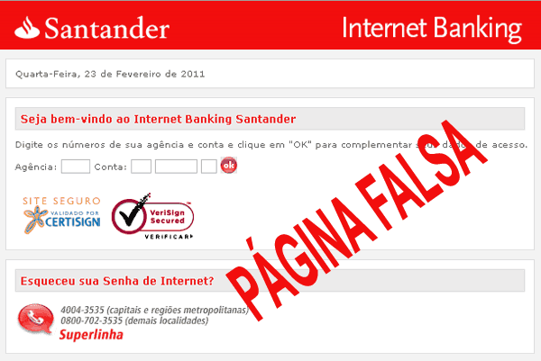Falsa página do Banco Santander
