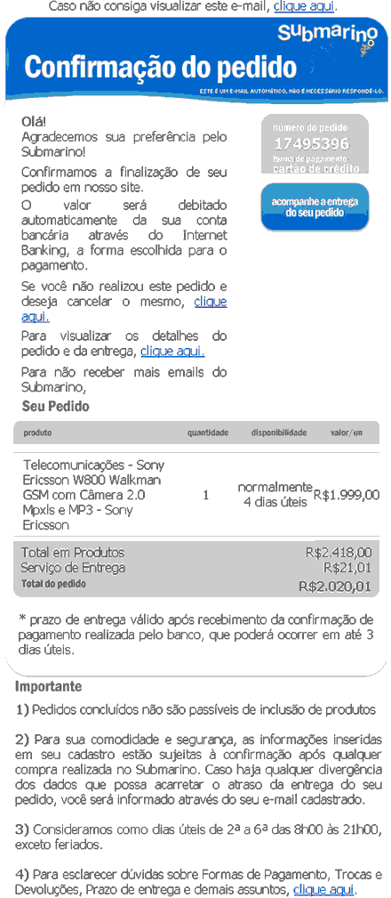 Falsa mensagem da loja Submarino.com