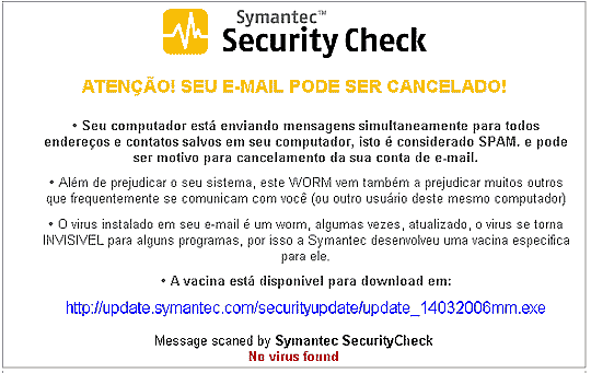 Falso aviso da Symantec instala trojan horse